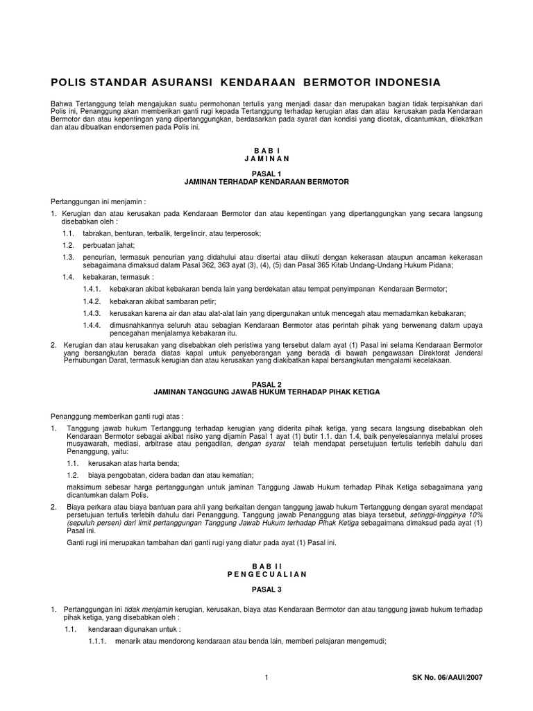 Polis Standar Asuransi Kendaraan Bermotor Indonesia
