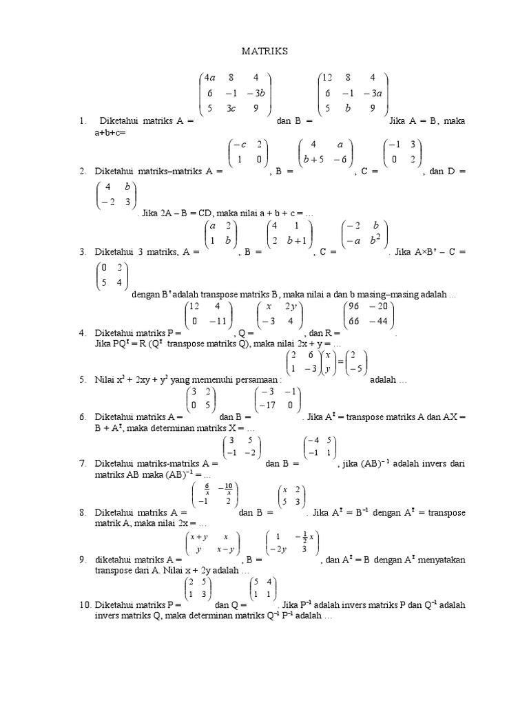 Soal Matriks Kelas 11