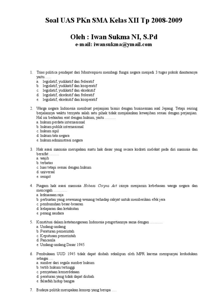 Contoh Soal Pkn Kelas 12 Semester 1