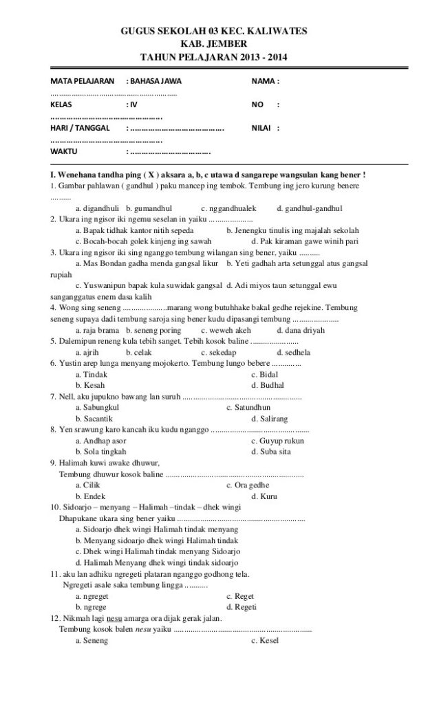 Soal Bahasa Jawa Kelas 2 Soal Bahasa Jawa Kelas 2