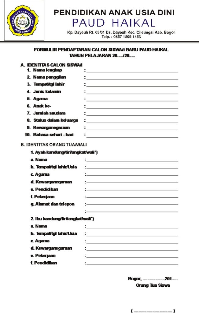 Formulir Pendaftaran Paud Formulir Pendaftaran Paud