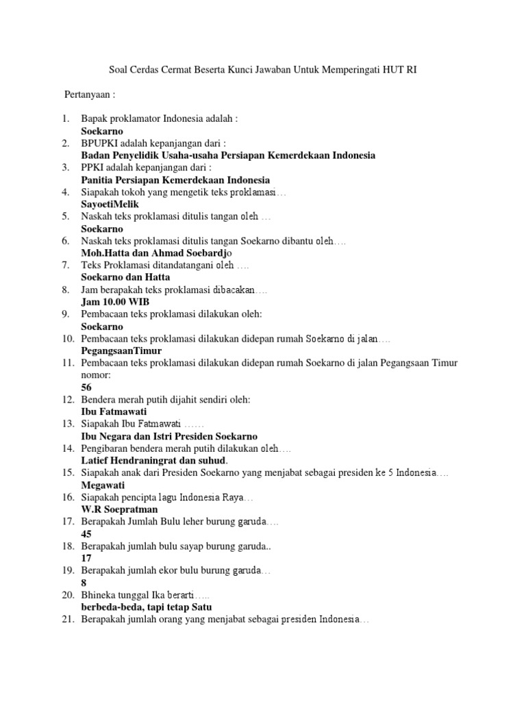 Soal Cerdas Cermat Kemerdekaan Indonesia