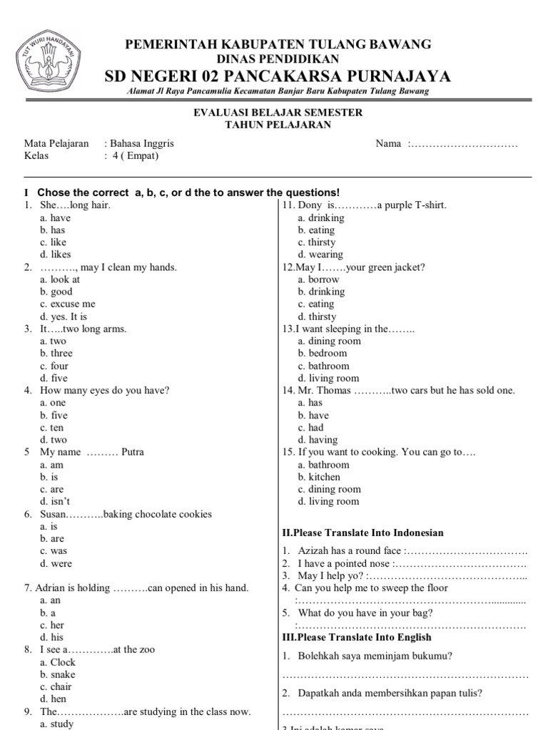 Soal Bahasa Inggris Kelas 4