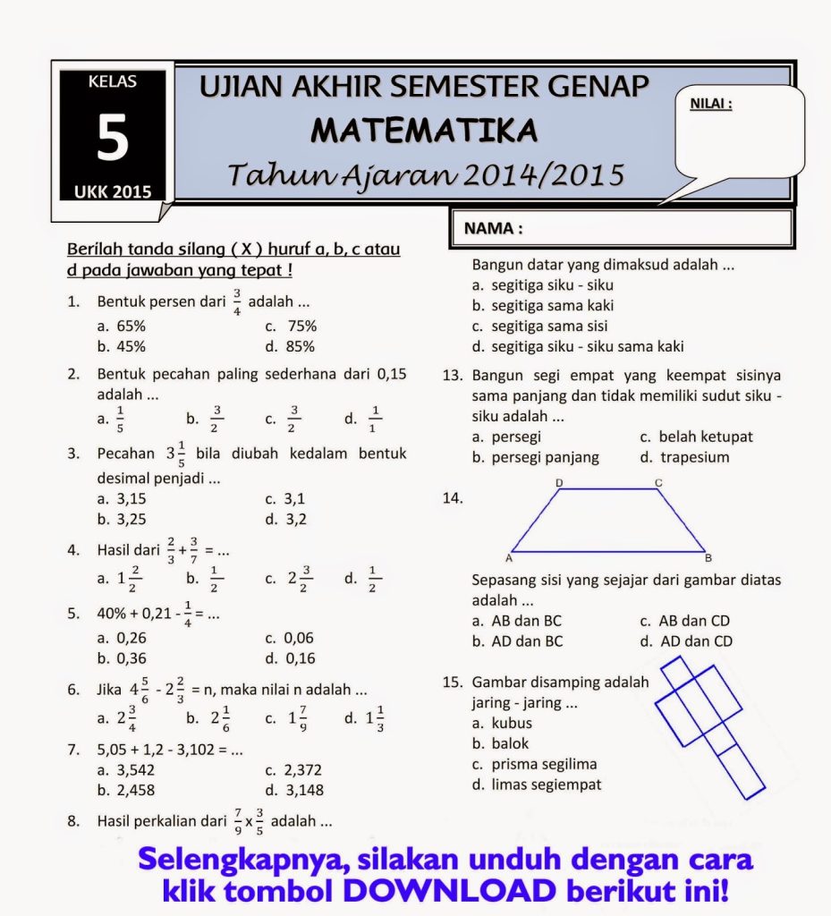 Soal Matematika Kelas 2 Sd Semester Genap Soal Matematika Kelas 2 Sd Semester Genap