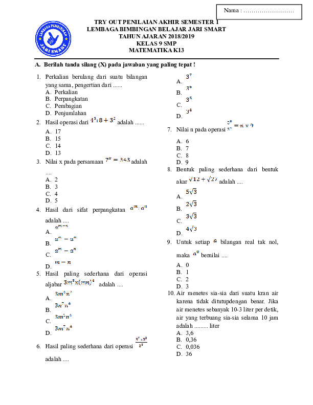 Contoh Soal Persamaan Kuadrat Kelas 9 Contoh Soal Persamaan Kuadrat Kelas 9
